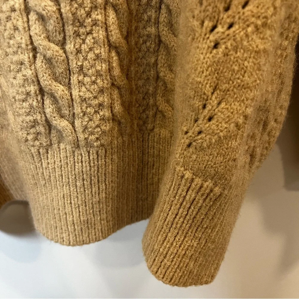 Sandro Ingrid Pom-Pom Cardigan MEDIUM Tan Cable-knit Sweater Pockets VGC - Picture 12 of 14